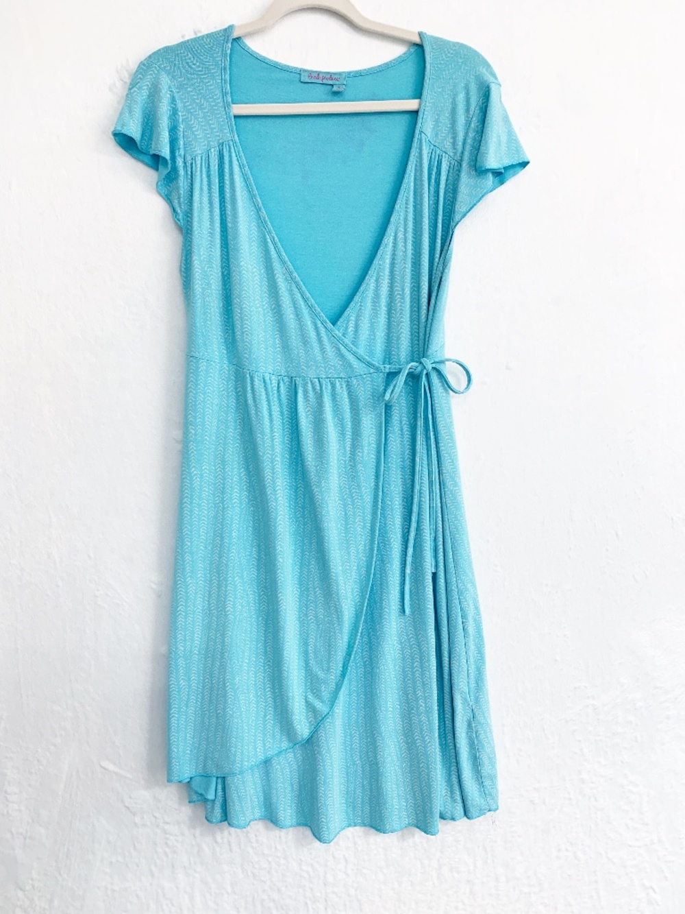 Fresh Produce Faux Wrap Flutter Sleeve Dress in Aqua Blue Sz S